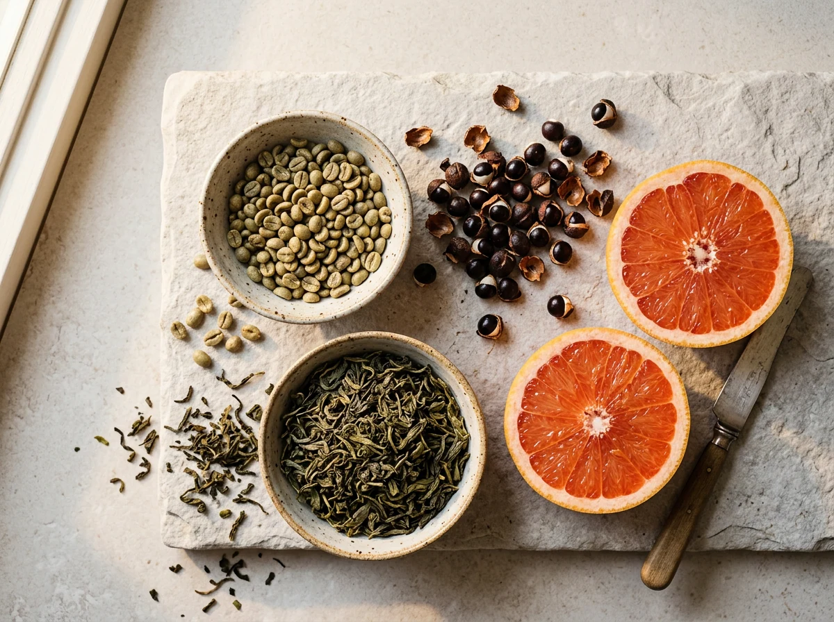 Green coffee beans, guarana seeds and green tea leaves flat-lay on stone surface - plant-based wellness supplement ingredients