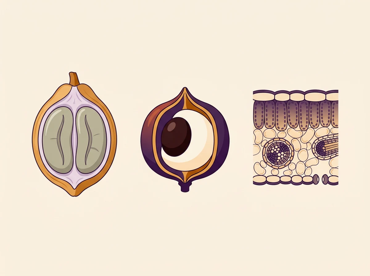Abstract botanical plant cross-section illustration in amber and violet - plant nutrition infographic