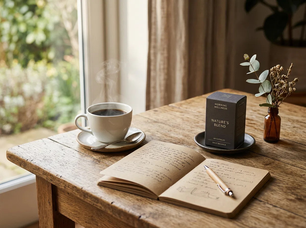 Morning coffee and journal setup on a wooden table - daily wellness supplement routine